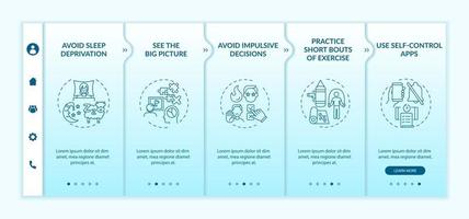 Plantilla de vector de incorporación de consejos de refuerzo de autocontrol. sitio web móvil receptivo con iconos. Tutorial de la página web Pantallas de 5 pasos. concepto de color de crecimiento personal con ilustraciones lineales