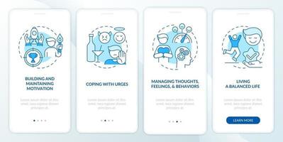 Addiction recovery steps methods onboarding mobile app page screen with concepts vector
