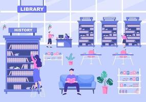 la biblioteca contiene libros en el estante con varias personas leyendo, de pie, sentadas o caminando ilustración vector