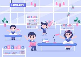 Library Contain Books On Shelf With Several People Reading, Standing, Sitting, or Walking Illustration vector