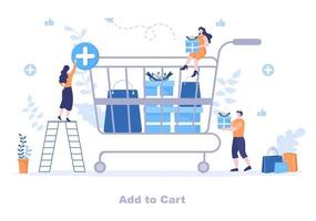 Agregar al carrito ilustración vectorial que contiene productos de lista, imágenes del carrito y artículos de compra. vector