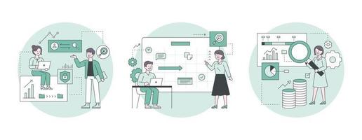 Business marketing illustration. Looking at data and analyzing it, looking at the board, setting goals, and analyzing graphs for assets. outline simple vector illustration.