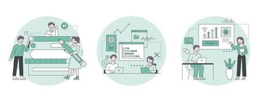 Business marketing illustration. People looking for information in piles of books, analyzing graphs and presenting. outline simple vector illustration.