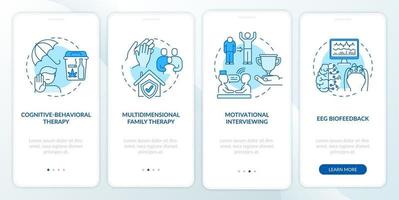 Addiction treatment methods onboarding mobile app page screen with concepts vector