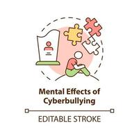 Mental cyberbullying effects concept icon. Negative consequences idea thin line illustration. Anxiety and depression. Behavioral issues. Vector isolated outline RGB color drawing. Editable stroke