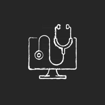 diagnóstico informático tiza icono blanco sobre fondo negro. escaneo de problemas de computadora portátil. solucionar el problema de la electrónica. programa médico en línea. soporte técnico, servicio de reparación. ilustración de pizarra de vector aislado