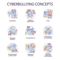 Cyberbullying concept icons set. Harassing people online idea thin line RGB color illustrations. Social media. Blocking cyber bully on SM platform. Vector isolated outline drawings. Editable stroke