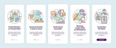 Reporting cyberbullying onboarding mobile app page screen with concepts. Family member, teacher walkthrough 5 steps graphic instructions. UI, UX, GUI vector template with linear color illustrations