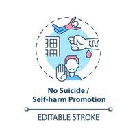 No suicide and self-harm promotion concept icon. Social media safety idea thin line illustration. Reducing harm-advocating online content. Vector isolated outline RGB color drawing. Editable stroke