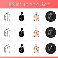 Bad posture problems icons set. Muscle spasms. Pressure on spinal nerves. Affecting lungs and heart. Pain between shoulder blades. Linear, black and RGB color styles. Isolated vector illustrations