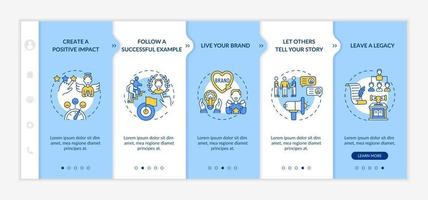 Personal brand rules onboarding vector template. Responsive mobile website with icons. Web page walkthrough 5 step screens. Building authority color concept with linear illustrations