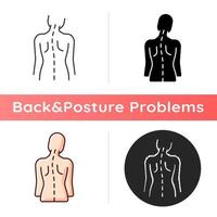 Spinal abnormalities icon. Head tilt. Thoracic scoliosis. Muscle weakness. Radicular pain. Scoliotic curve development. Linear black and RGB color styles. Isolated vector illustrations