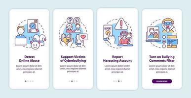 Cyberbullying prevention steps onboarding mobile app page screen with concepts. Detection, report walkthrough 4 steps graphic instructions. UI, UX, GUI vector template with linear color illustrations