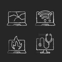 Computer issues chalk white icons set on black background. Crashed monitor, broken display. No wifi connection. Burning notebook. Technical support. Isolated vector chalkboard illustrations