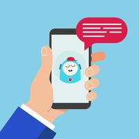 Hand holding black mobile phone chat bot 1 icon on the screen pointer finger touch screen isolated on background vector