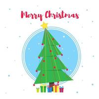Merry Christmas greeting postcard with christmas fir and text flat style vector illustration. Celebrating christmas and happy new year card with gifts and tree isolated on snowflakes background.