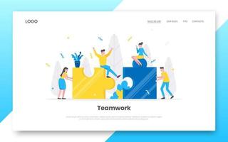Business internet landing page concept template. Creative business people with big jigsaw puzzle pieces. vector