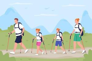 Family on trekking trip flat color vector illustration