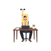 Man working out at workplace flat color vector faceless character