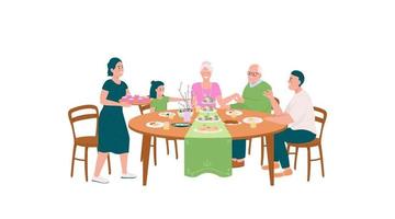 Happy family at dining table for Easter flat color vector detailed characters