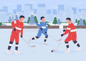 Gente jugando al hockey en la pista de hielo ilustración vectorial de color plano vector