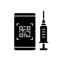 QR code for vaccination black glyph icon. Smartphone pass for vaccinated tourist. Mobile ID for covid treatment. Health care, medicine. Silhouette symbol on white space. Vector isolated illustration