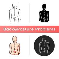 Lower back pain icon. Aging-related wear. Physical disability. Ruptured, bulging disc. Injury to connective tissue. Muscle weakness. Linear black and RGB color styles. Isolated vector illustrations