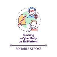 Blocking cyber bully on SM platform concept icon. Reporting cyberbullying idea thin line illustration. Cruel, damaging behavior prevention. Vector isolated outline RGB color drawing. Editable stroke