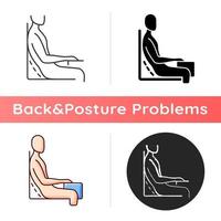 Bad sitting habit icon. Leaning back into chair backrest. Incorrect sitting angle. Leaning slightly back. Joint stiffness. Linear black and RGB color styles. Isolated vector illustrations