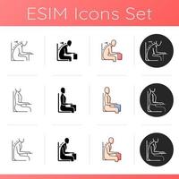 Postural dysfunction icons set. Rounded shoulders and hunched stance. Sitting at desk correctly. Suffering from backache. Linear, black and RGB color styles. Isolated vector illustrations