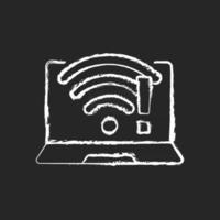 Wi fi does not work chalk white icon on black background. Wireless connection issue, weak signal. No internet. Fix wifi. Software issue symptom. Isolated vector chalkboard illustration