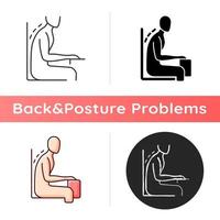 Being bent over desk icon. Pushing neck and head forward. Spine is positioned in unnatural position. Suffering from backache. Linear black and RGB color styles. Isolated vector illustrations