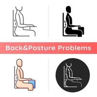 Unnatural sitting position icon. Increased lumbar lordosis posture. 90-degree angle chair. Abnormal inward curve. Muscles stress. Linear black and RGB color styles. Isolated vector illustrations