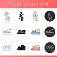 Poor posture problems icons set. Swayback posture. Correct sleeping position for reducing neck. Postural deformity. Side-lying pose. Linear, black and RGB color styles. Isolated vector illustrations