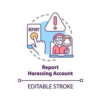 Reporting harassing account concept icon. Cyberbullying prevention idea thin line illustration. Informing about abusive messages, comments. Vector isolated outline RGB color drawing. Editable stroke