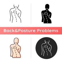 Scoliosis icon. Sideways curve. Uneven hips and shoulders. Pinched nerves. Abnormal spine sideways curvature. Damaging major organs. Linear black and RGB color styles. Isolated vector illustrations