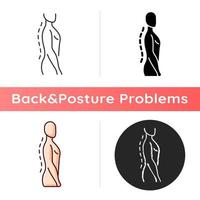 Standing posture correction icon. Improving upright position. Natural curvature. Shoulders parallel with hips. Strengthening core. Linear black and RGB color styles. Isolated vector illustrations