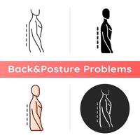 Flatback syndrome icon. Losing normal curvature. Spine straight. Affecting stance and gait. Degenerative disc disease. Linear black and RGB color styles. Isolated vector illustrations