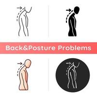 Slouching icon. Poor posture. Forward head. Body looking down. Walking incorrectly. Muscles in neck, shoulders disruption. Linear black and RGB color styles. Isolated vector illustrations