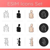 Back and posture problems icons set. Uneven hips and shoulders. Lumbar lordosis. Skeletal imbalances in body. Bad posture. Linear, black and RGB color styles. Isolated vector illustrations