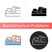 Incorrect sleeping position icon. Unnatural, unnecessary curves in spine. Decreased blood circulation to heart. Stress on spine. Linear black and RGB color styles. Isolated vector illustrations