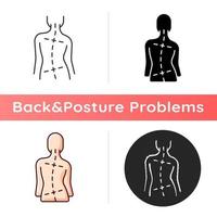 Uneven hips and shoulders icon. Abnormal curve in spine. Worsening scoliosis. Bad posture. Difference in leg length. Unusual gait. Linear black and RGB color styles. Isolated vector illustrations