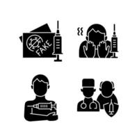 Vaccine inoculation black glyph icons set on white space. Fake vaccinated tourist passport. Fear of needle. Priority list. Health care and medicine. Silhouette symbols. Vector isolated illustration