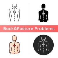 Pressure on spinal nerves icon. Muscle spasms. Pain between shoulder blades. Numbness, tingling. Damage to spinal cord. Linear black and RGB color styles. Isolated vector illustrations