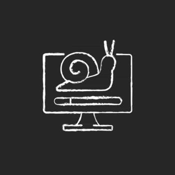 Slow computer chalk white icon on black background. Waiting for loading. Connecting to network, issue with internet traffic. Slow download and processing. Isolated vector chalkboard illustration