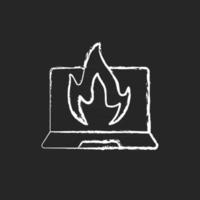 Computer burning chalk white icon on black background. Hardware crash, overheating issue. Burning laptop, PC problems. Tech support, repair service. Isolated vector chalkboard illustration