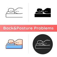 Correct sleeping position for reducing neck pain icon. Pillow cushioning head. Back-lying posture. Maintaining natural alignment. Linear black and RGB color styles. Isolated vector illustrations