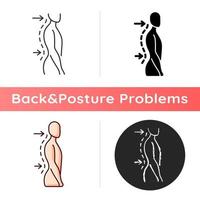Lumbar lordosis icon. Excessive inward spine curve. Saddleback appearance. Pain, discomfort. Difficulty with coordination. Linear black and RGB color styles. Isolated vector illustrations