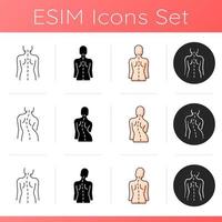 Back and posture problems icons set. Scoliosis. Normal spinal anatomy. Uneven hips and shoulders. Head tilt. Spinal abnormalities. Linear, black and RGB color styles. Isolated vector illustrations