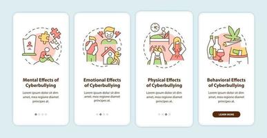 Cyberbullying effects onboarding mobile app page screen with concepts. Mental, emotional effects walkthrough 4 steps graphic instructions. UI, UX, GUI vector template with linear color illustrations